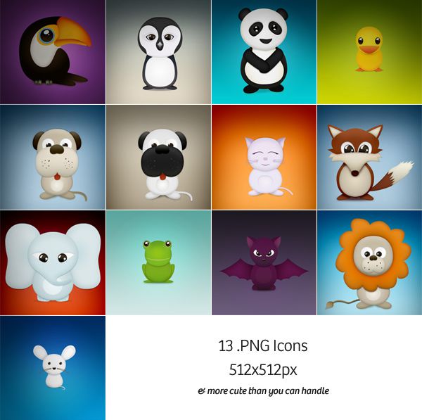 13只可爱的动物，鸟,企鹅,熊猫,小鸭,小黑狗,小黄狗,白色猫咪,狐狸,大象,青蛙,蝙蝠,狮子,老鼠图标.jpg